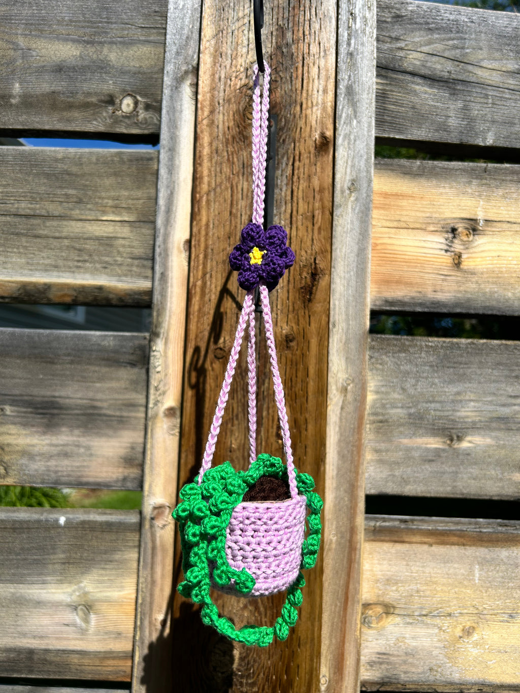 Crochet hanging plant holder with black cord and purple flower, photographed outdoors in a garden