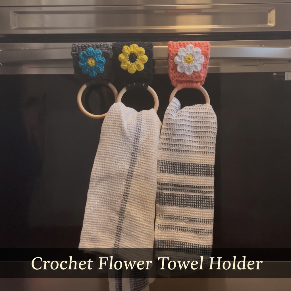 Crochet Flower Towel Holder In Use Title Image