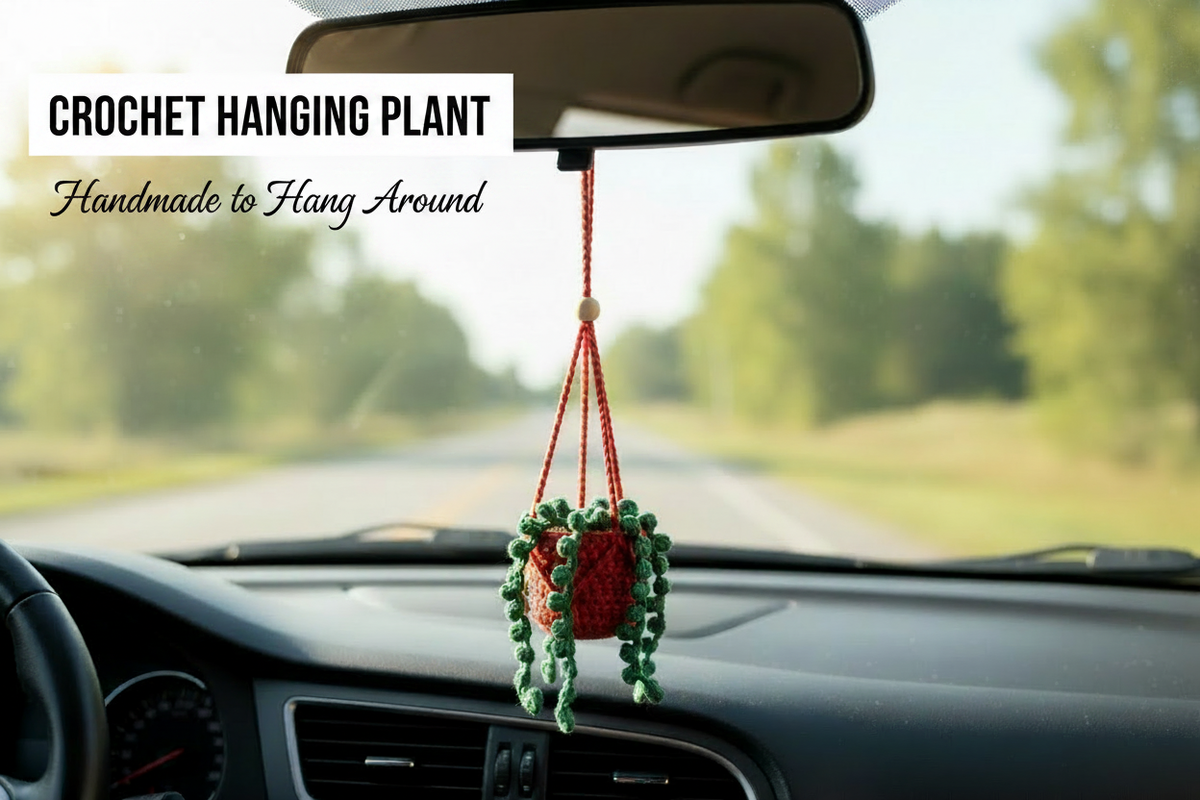 Crochet Hanging Plant - Red with Text Overlay